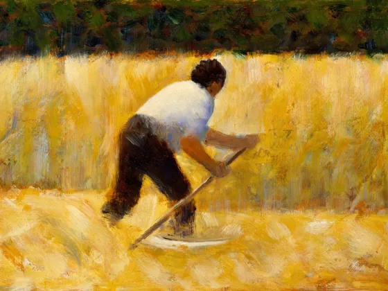 乔治·修拉油画作品《在收割的农妇》