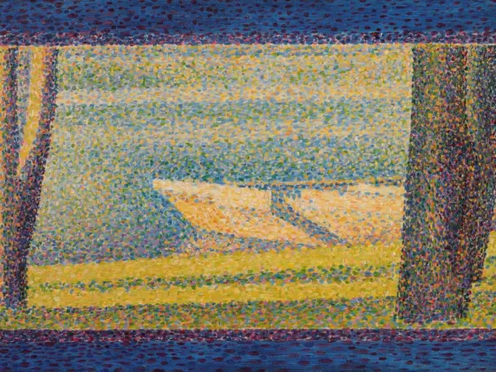 乔治·修拉点彩画作品《停泊的船和树 》
